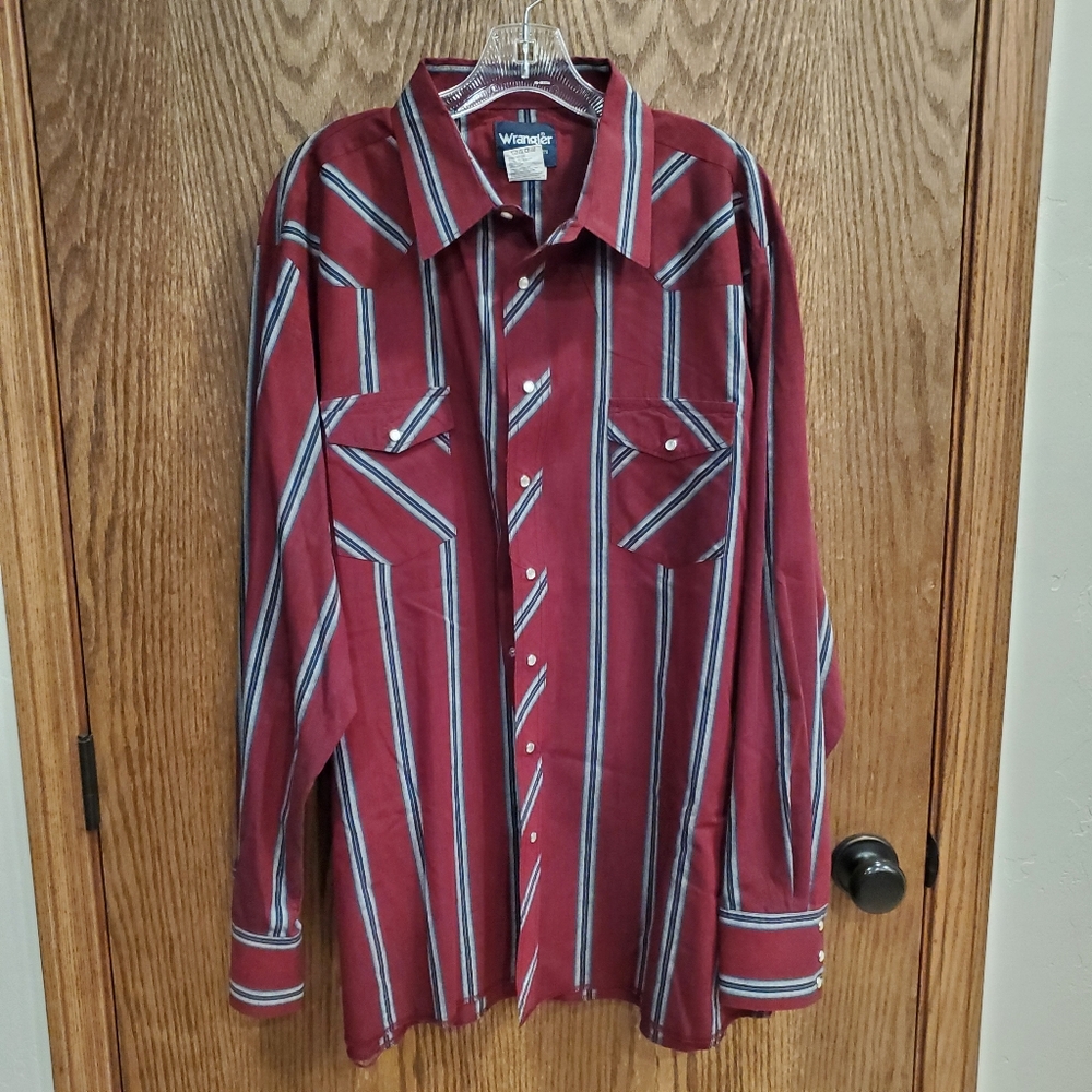 Men's Wrangler Long Sleeve Stripe Shirt Pearl Snap Burgundy/Navy Size 2XT